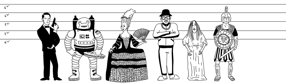 Characters in front of a music staff